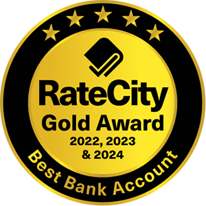 RateCity Gold Award Badge for Best Bank Account 2022 and 2023 and 2024